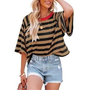 Striped Color Block Top Black Brown Red Neck Casual Tee